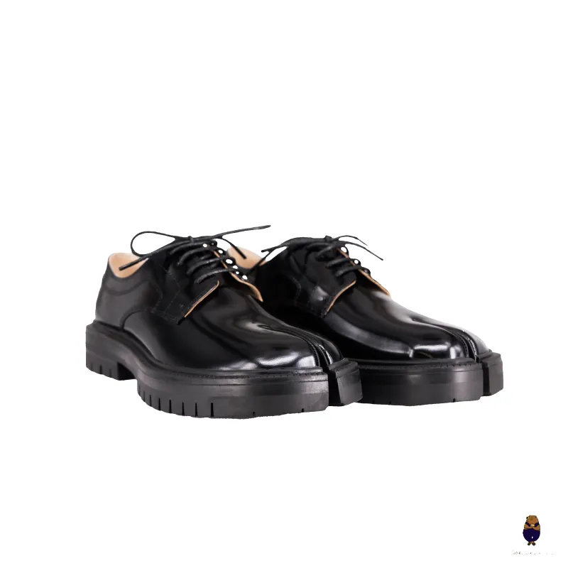 WoodchuckSato Black Edge-Beaded Cowhide Leather Tabi Lace-Up Derby Shoes with Chunky Sole sold by WoodChuckSato