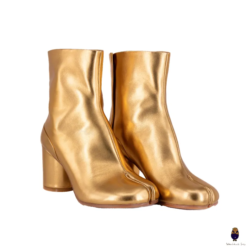 WoodchuckSato Gold Cow Leather Tabi Ankle Boots with 8 cm Heel sold by WoodChuckSato
