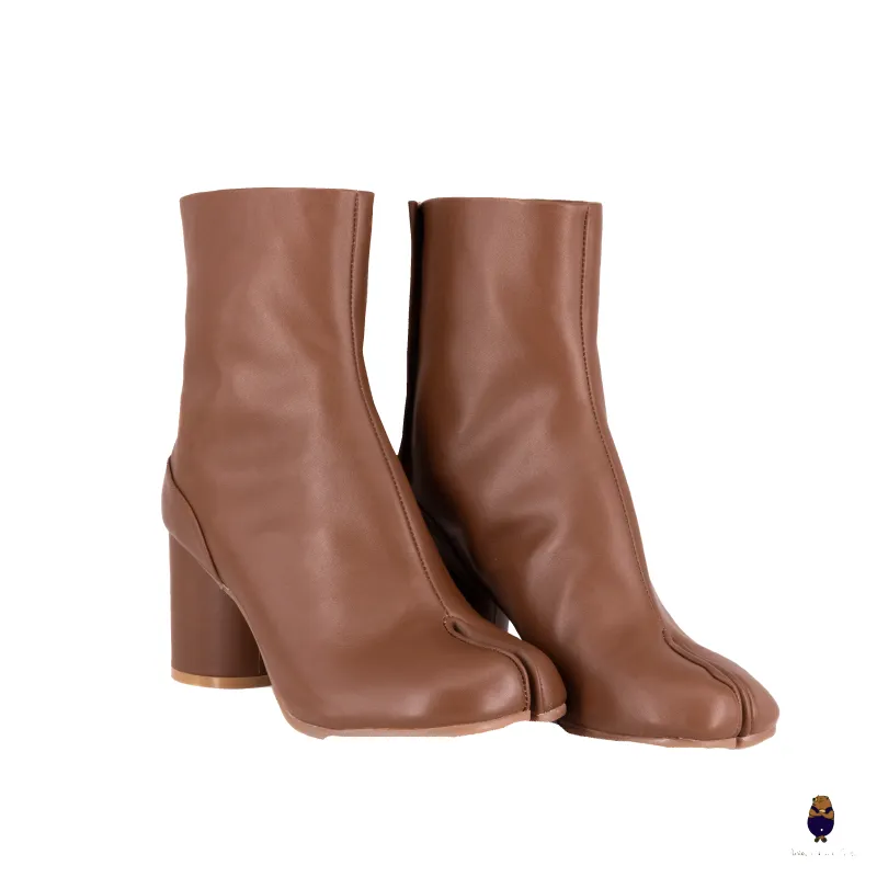 WoodchuckSato Brown Cow Leather Tabi Ankle Boots with 8 cm Heel sold by WoodChuckSato