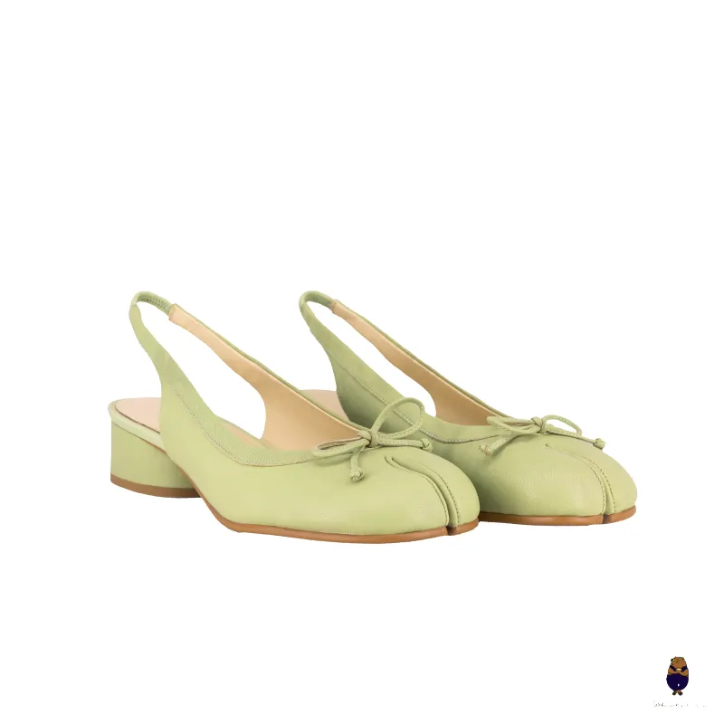 WoodchuckSato Green Sheep Leather Slingback Tabi Bow Pumps with Elastic Band sold by WoodChuckSato