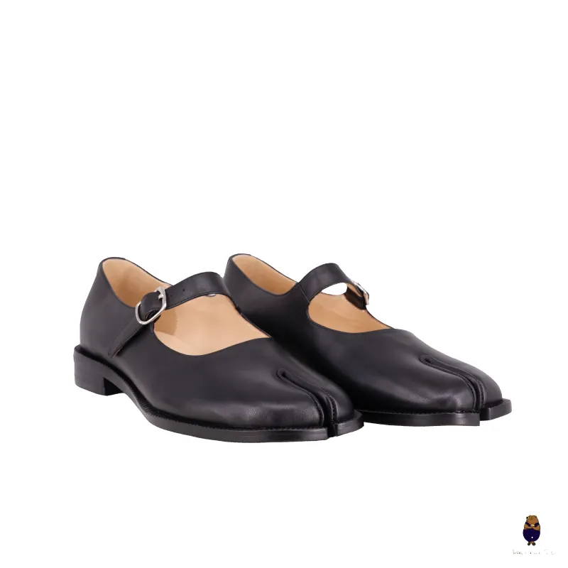 WoodchuckSato Black Classic Cow Leather Tabi Mary Jane Shoes with Strap sold by WoodChuckSato