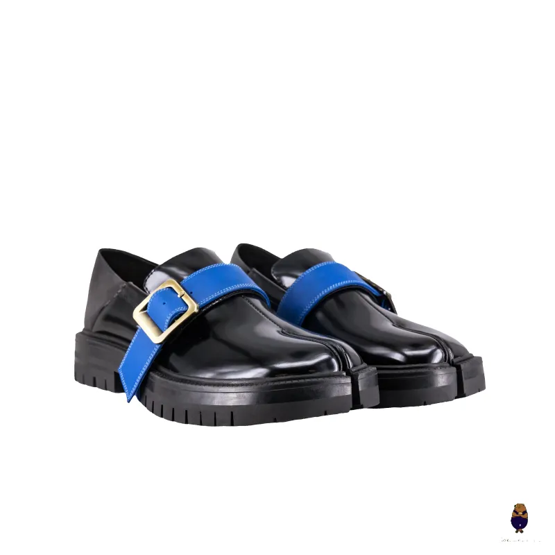 WoodchuckSato Black Fold-Heel Edge-Beaded Cowhide Leather Tabi Loafers with Removable Blue Strap and Chunky Sole sold by WoodChuckSato