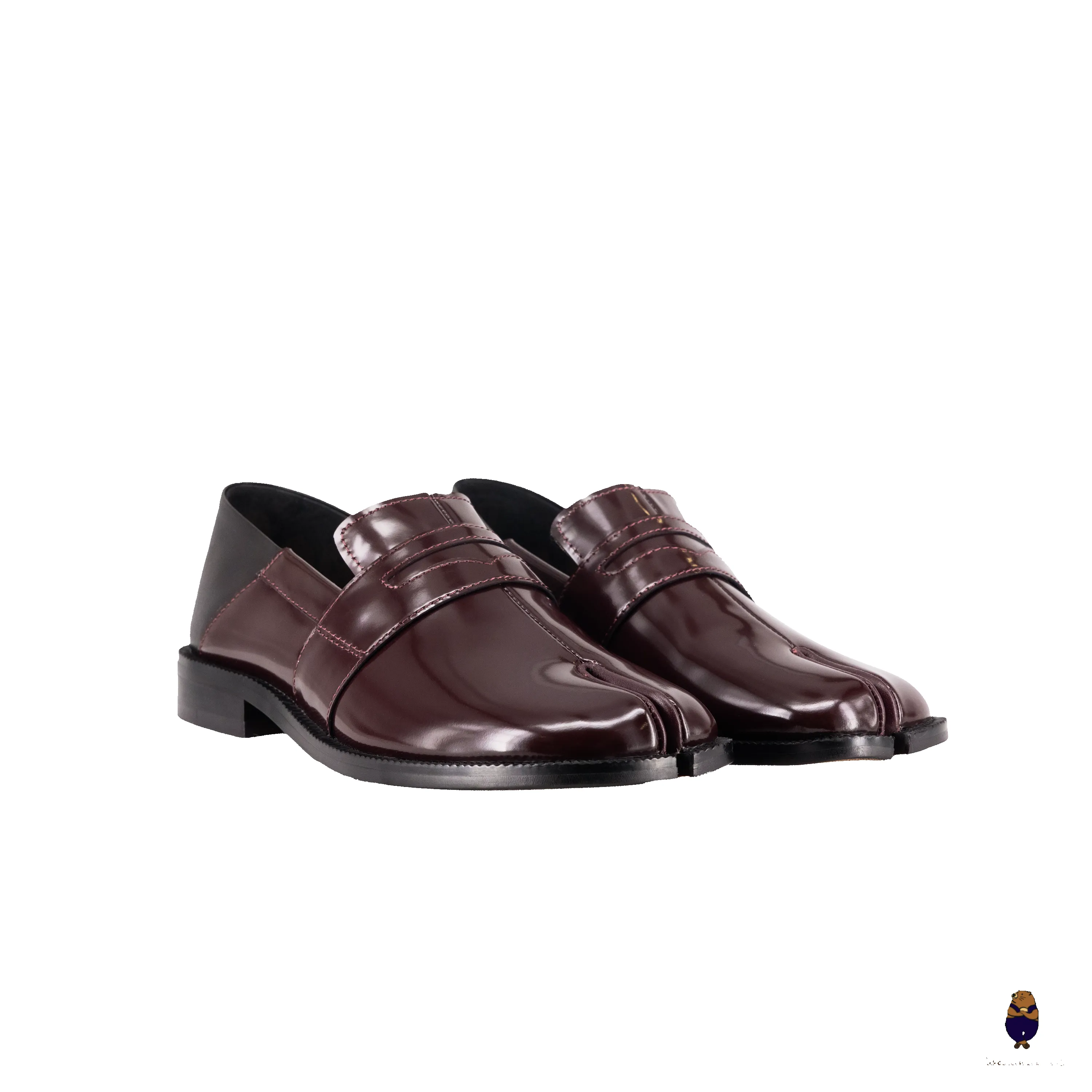 WoodchuckSato Burgundy Fold-Heel Edge-Beaded Cowhide Leather Penny Strap Tabi Loafers sold by WoodChuckSato