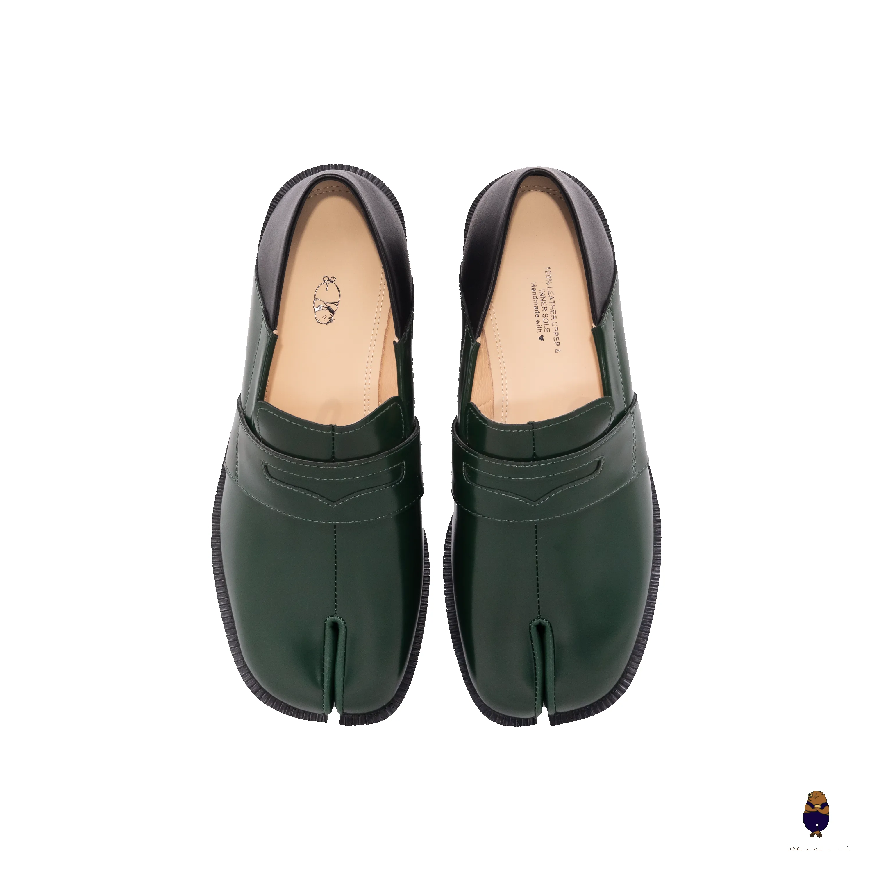 WoodchuckSato Forest Green Fold-Heel Edge-Beaded Cowhide Leather Penny Strap Tabi Loafers sold by WoodChuckSato product image thumbnail 5