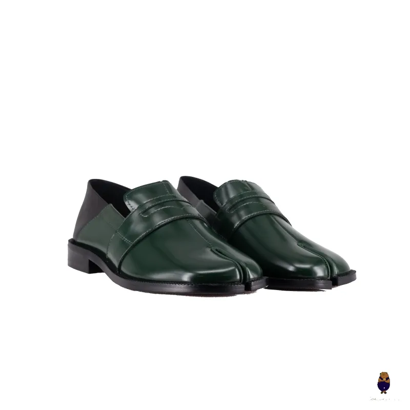 WoodchuckSato Forest Green Fold-Heel Edge-Beaded Cowhide Leather Penny Strap Tabi Loafers sold by WoodChuckSato