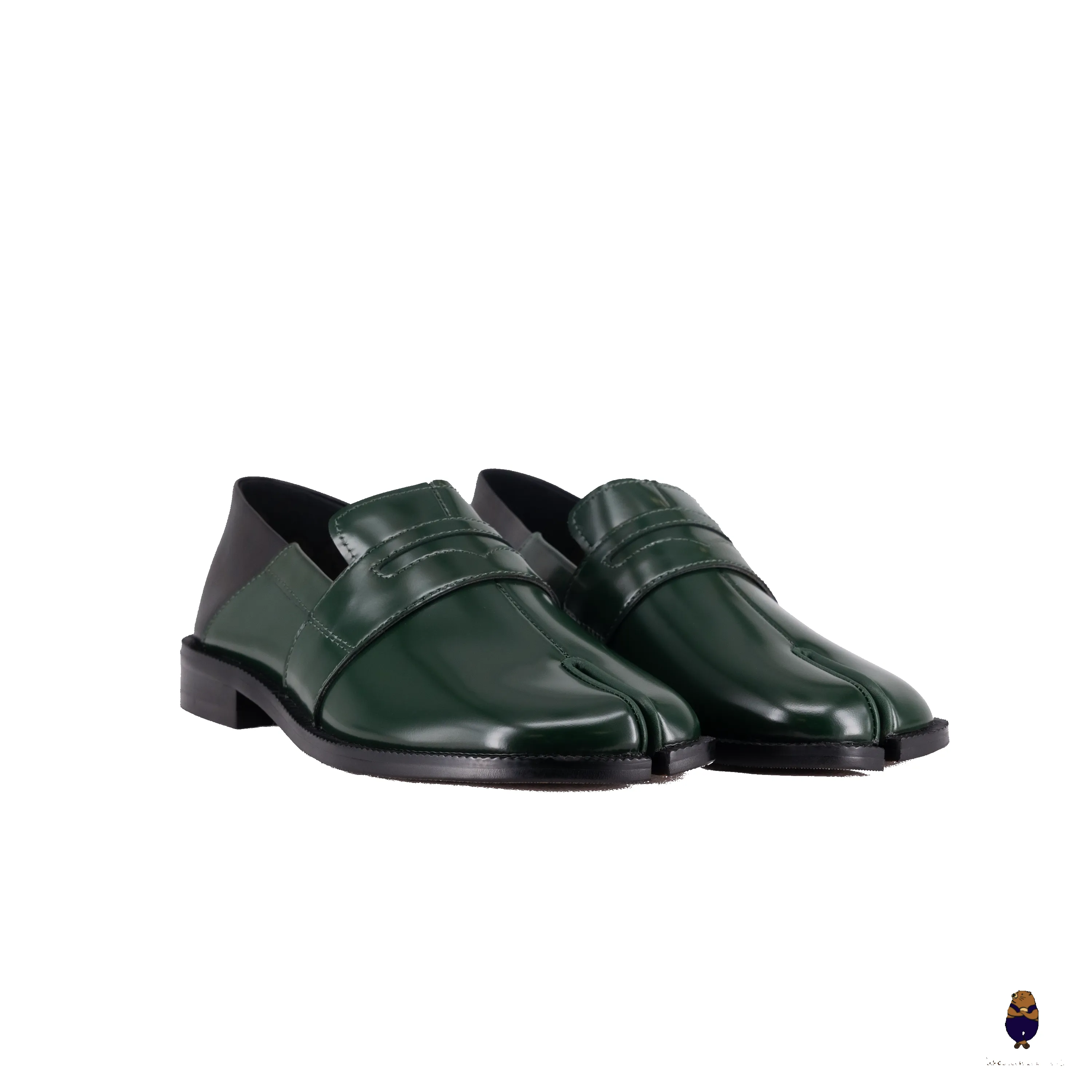 WoodchuckSato Forest Green Fold-Heel Edge-Beaded Cowhide Leather Penny Strap Tabi Loafers sold by WoodChuckSato