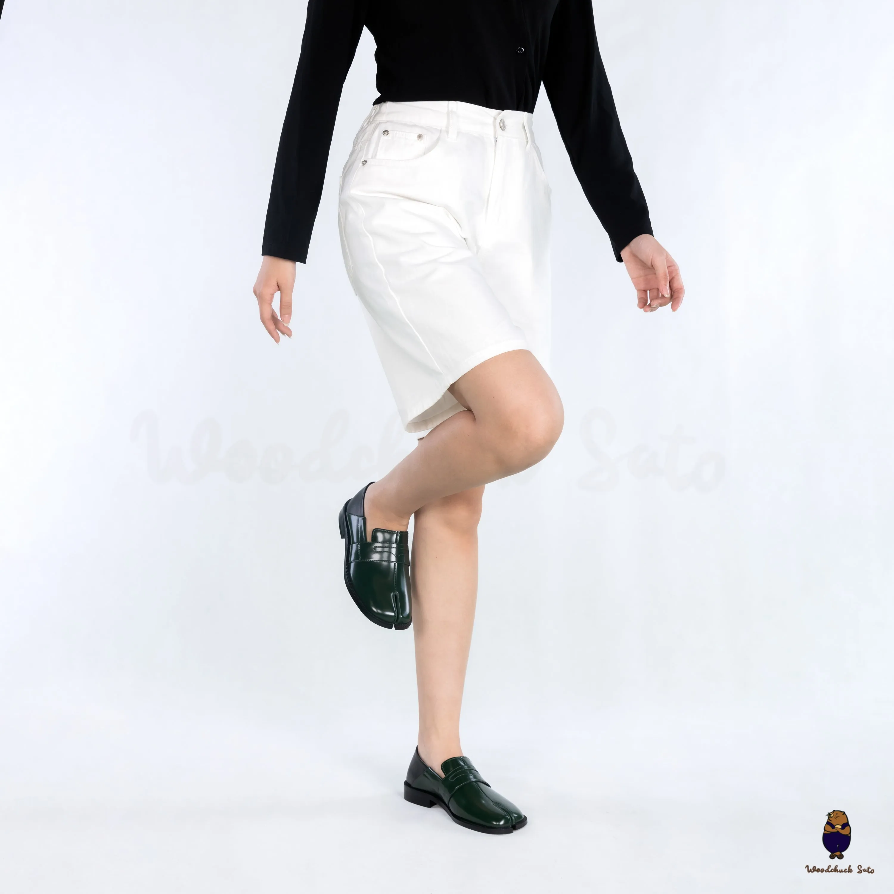 WoodchuckSato Forest Green Fold-Heel Edge-Beaded Cowhide Leather Penny Strap Tabi Loafers sold by WoodChuckSato product image thumbnail 4