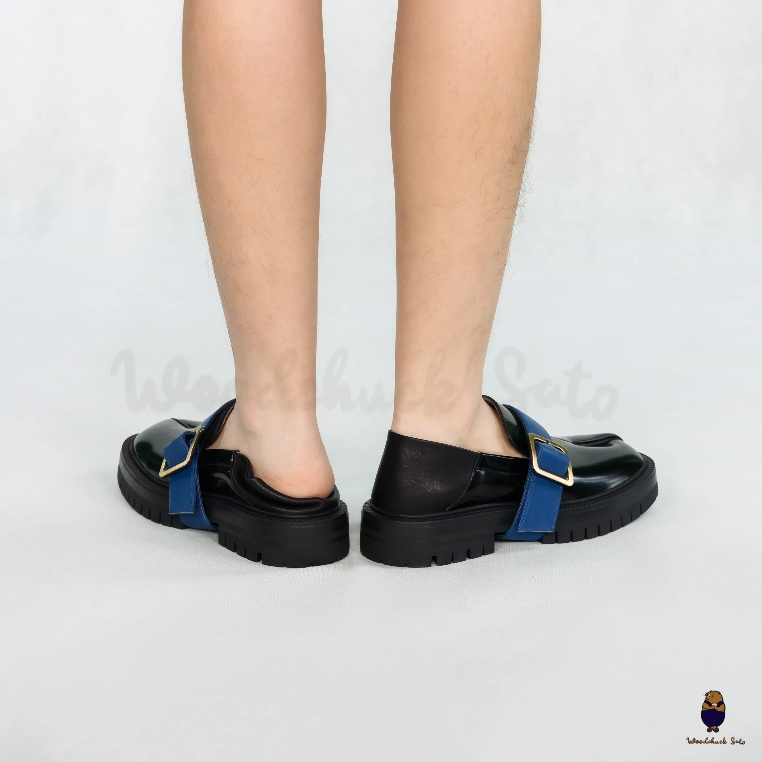 WoodchuckSato Black Fold-Heel Edge-Beaded Cowhide Leather Tabi Loafers with Removable Blue Strap and Chunky Sole sold by WoodChuckSato product image thumbnail 5