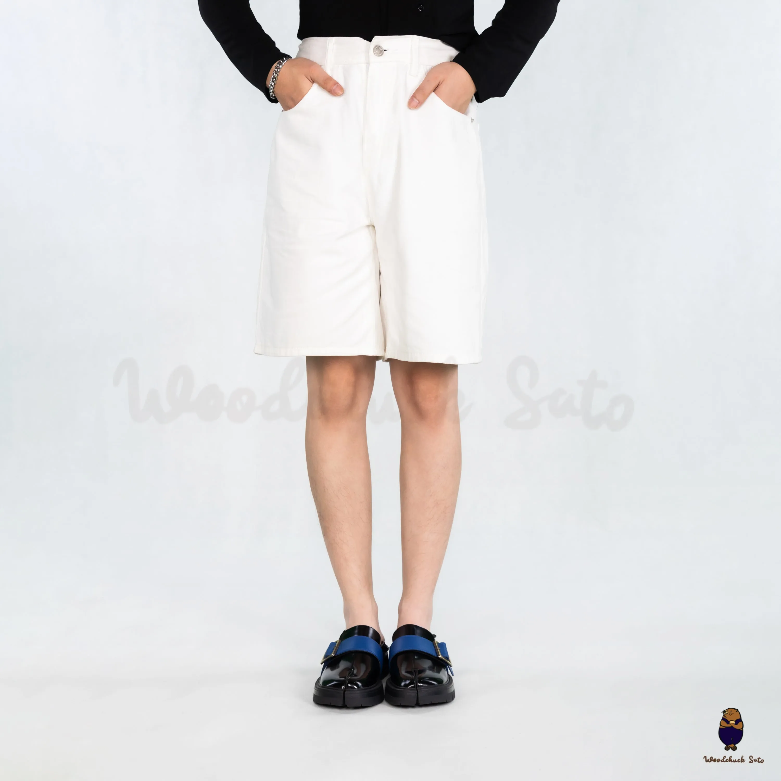 WoodchuckSato Black Fold-Heel Edge-Beaded Cowhide Leather Tabi Loafers with Removable Blue Strap and Chunky Sole sold by WoodChuckSato product image thumbnail 3