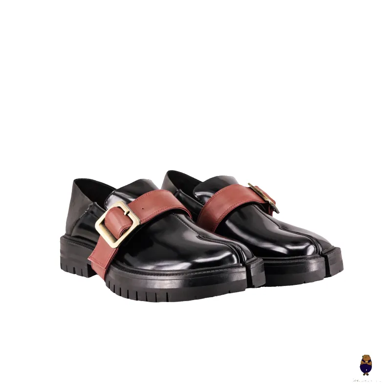 WoodchuckSato Black Fold-Heel Edge-Beaded Cowhide Leather Tabi Loafers with Removable Red Strap and Chunky Sole sold by WoodChuckSato