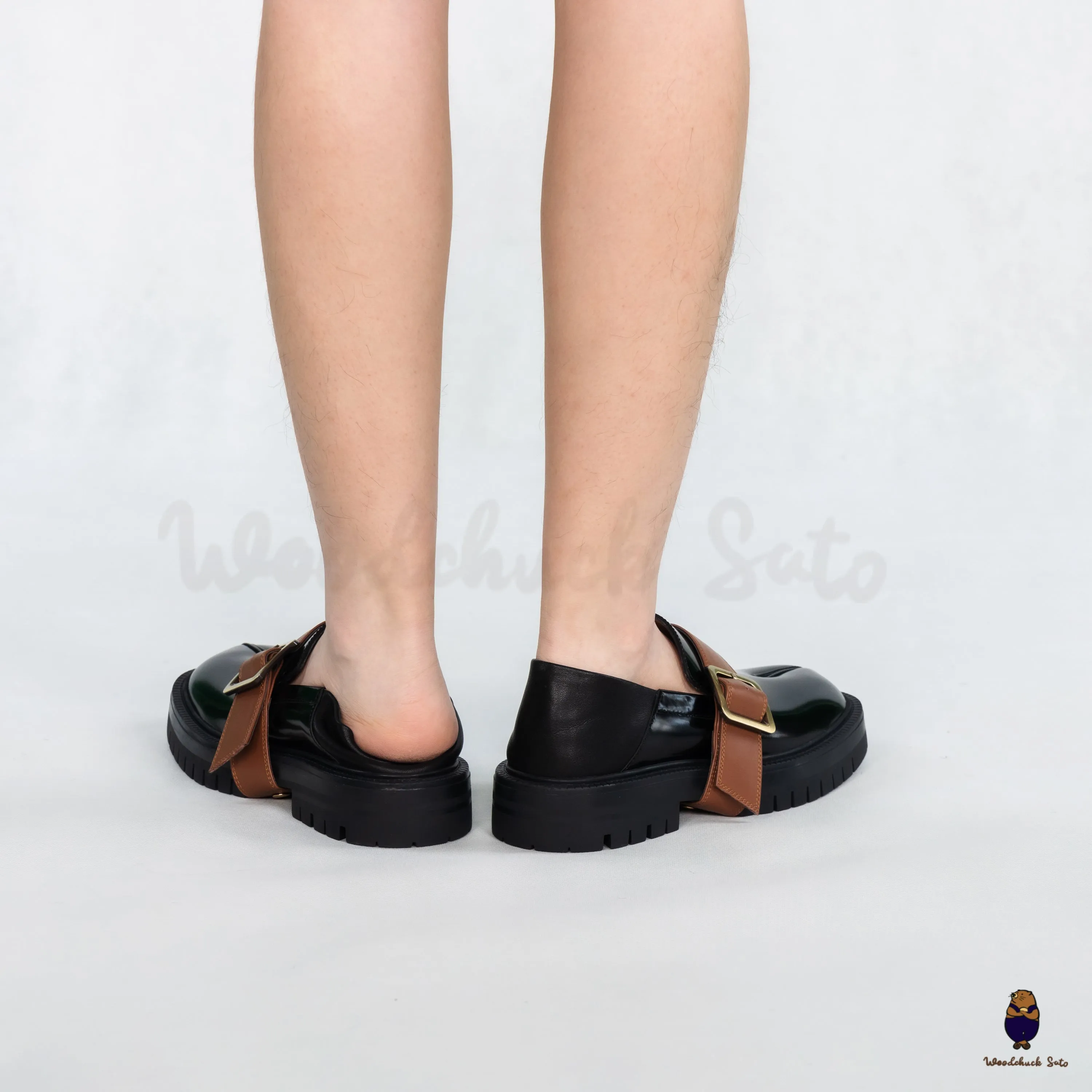 WoodchuckSato Black Fold-Heel Edge-Beaded Cowhide Leather Tabi Loafers with Removable Camel Brown Strap and Chunky Sole sold by WoodChuckSato product image thumbnail 5