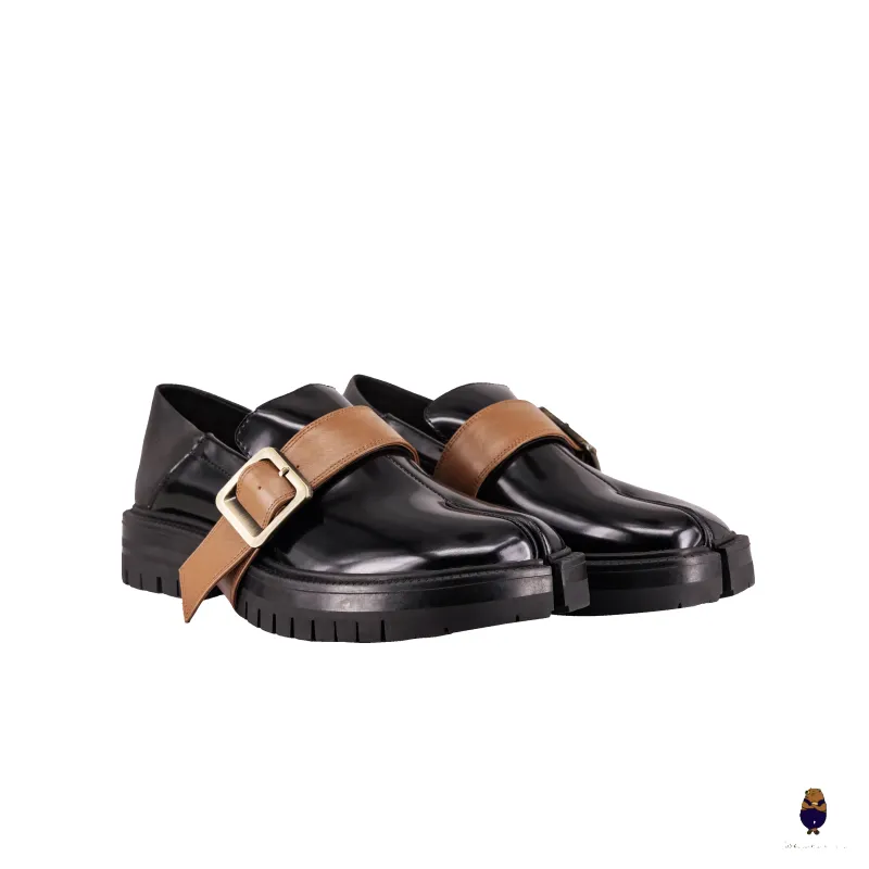 WoodchuckSato Black Fold-Heel Edge-Beaded Cowhide Leather Tabi Loafers with Removable Camel Brown Strap and Chunky Sole sold by WoodChuckSato