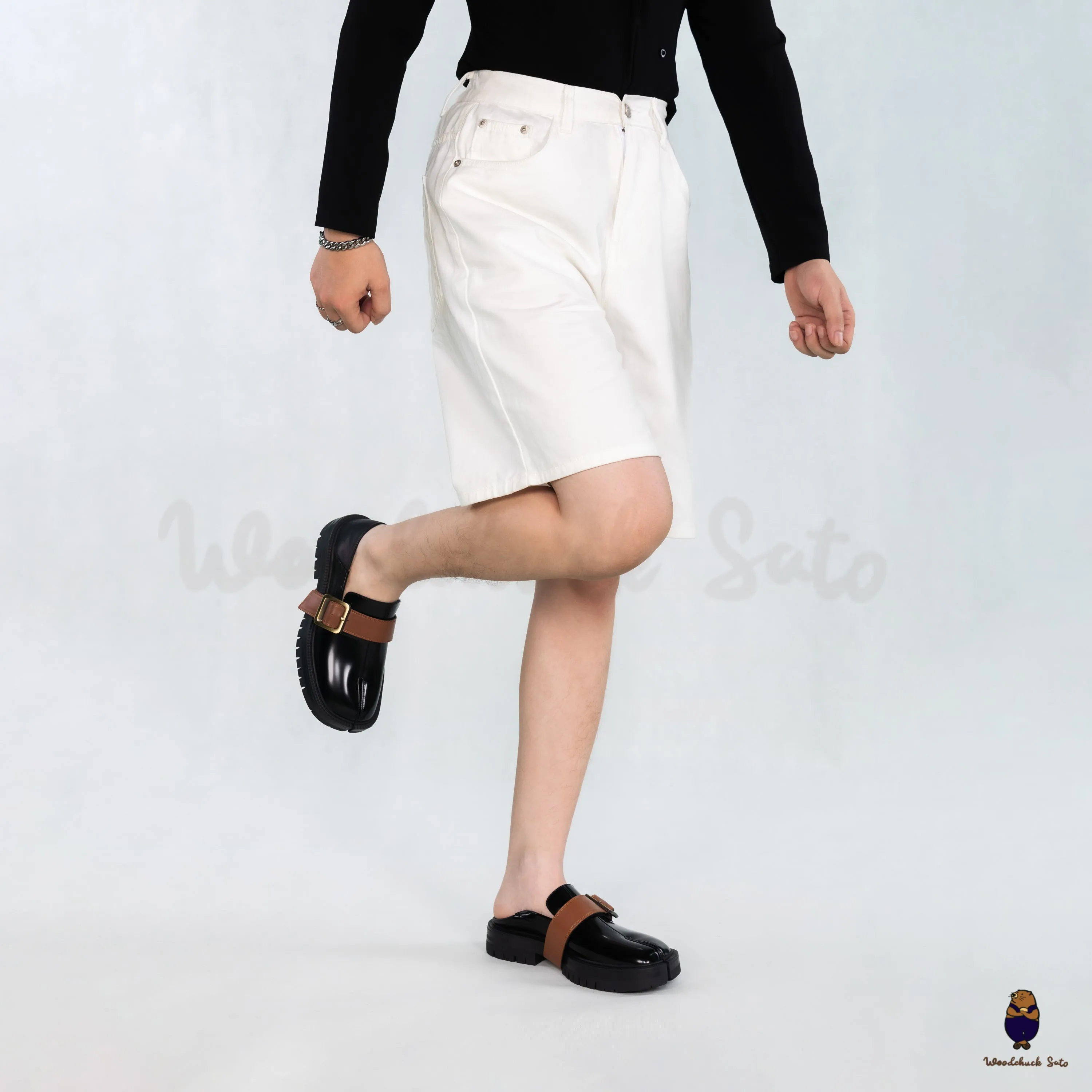 WoodchuckSato Black Fold-Heel Edge-Beaded Cowhide Leather Tabi Loafers with Removable Camel Brown Strap and Chunky Sole sold by WoodChuckSato product image thumbnail 4