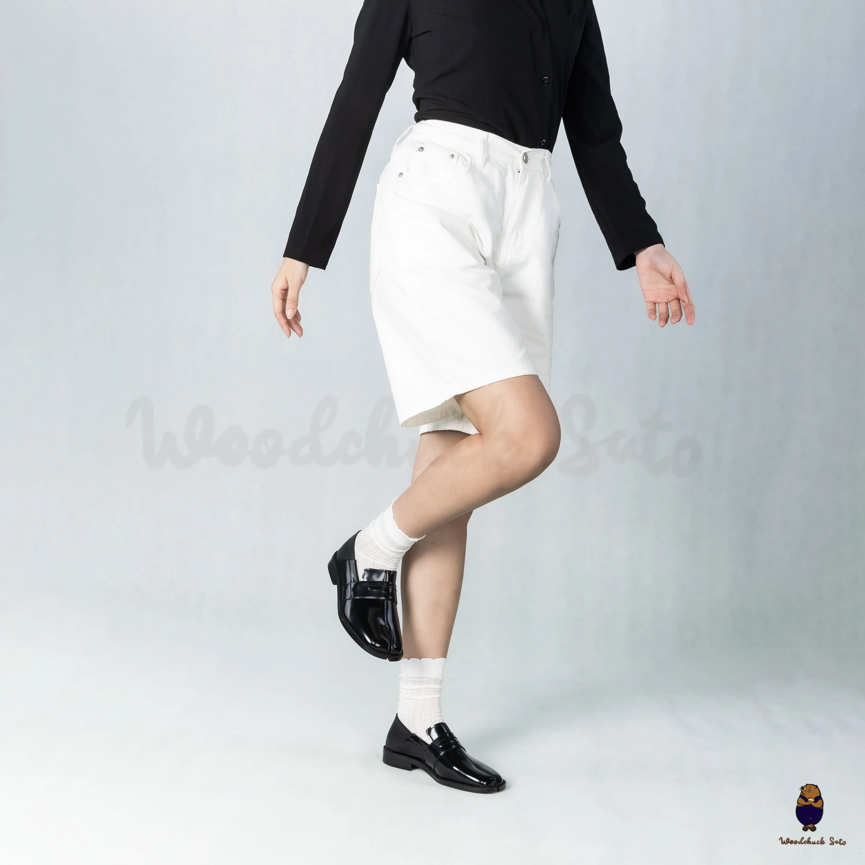 WoodchuckSato Black Fold-Heel Edge-Beaded Cowhide Leather Penny Strap Tabi Loafers sold by WoodChuckSato product image thumbnail 4