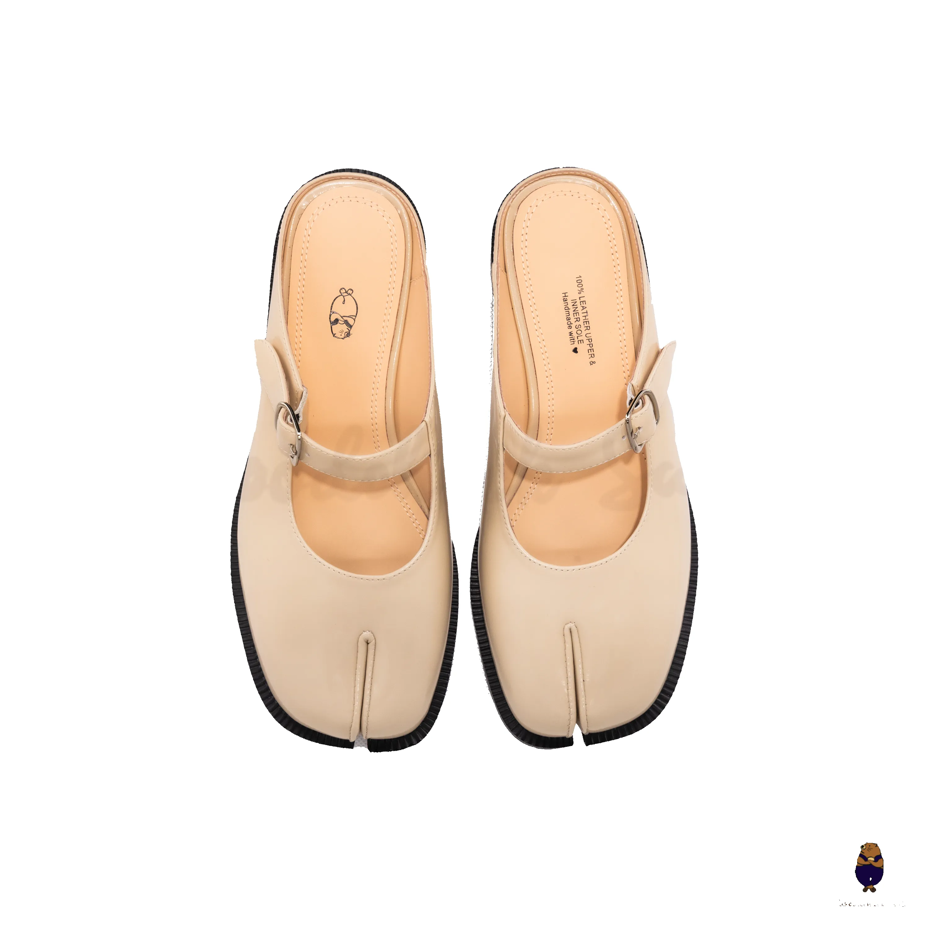 WoodchuckSato Nude Edge-Beaded Cowhide Leather Tabi Mary Jane Mules sold by WoodChuckSato product image thumbnail 5