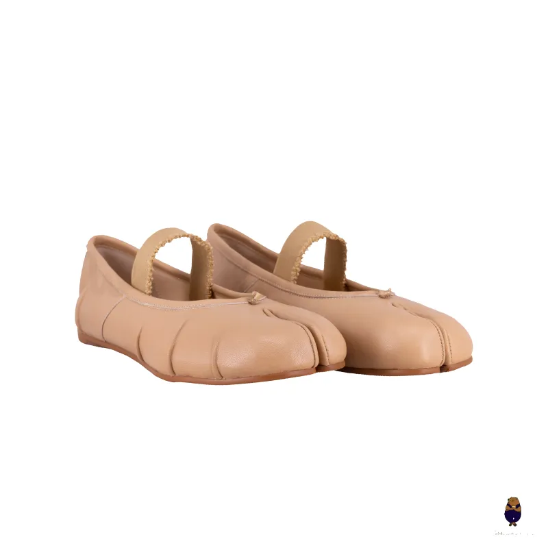 WoodchuckSato Nude Leather Tabi Flats with Ruched and Beige Elastic Strap sold by WoodChuckSato