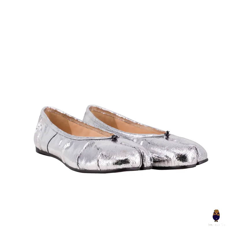 WoodchuckSato Cracked Silver Leather Tabi Ballet Flats with Ruched sold by WoodChuckSato