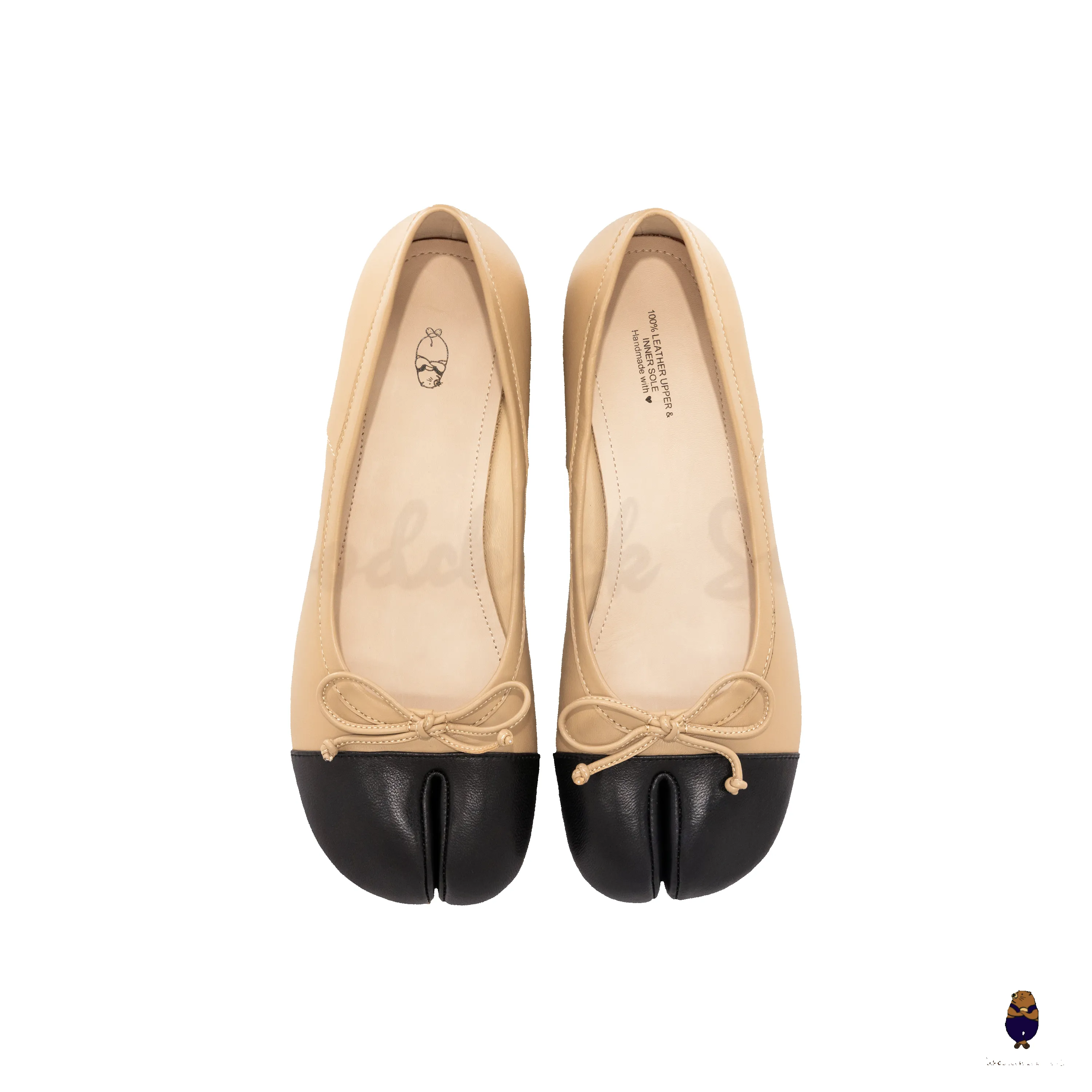 WoodChuckSato Two-Tone Tabi Ballet Heels Nude & Black Sheep Leather 3cm Heel with Bow sold by WoodChuckSato product image thumbnail 5