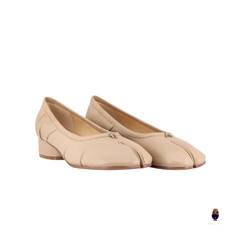 WoodChuckSato Nude Tabi Split-Toe Sheep Leather Mary Jane Shoes with 3cm Heel & Ruched sold by WoodChuckSato
