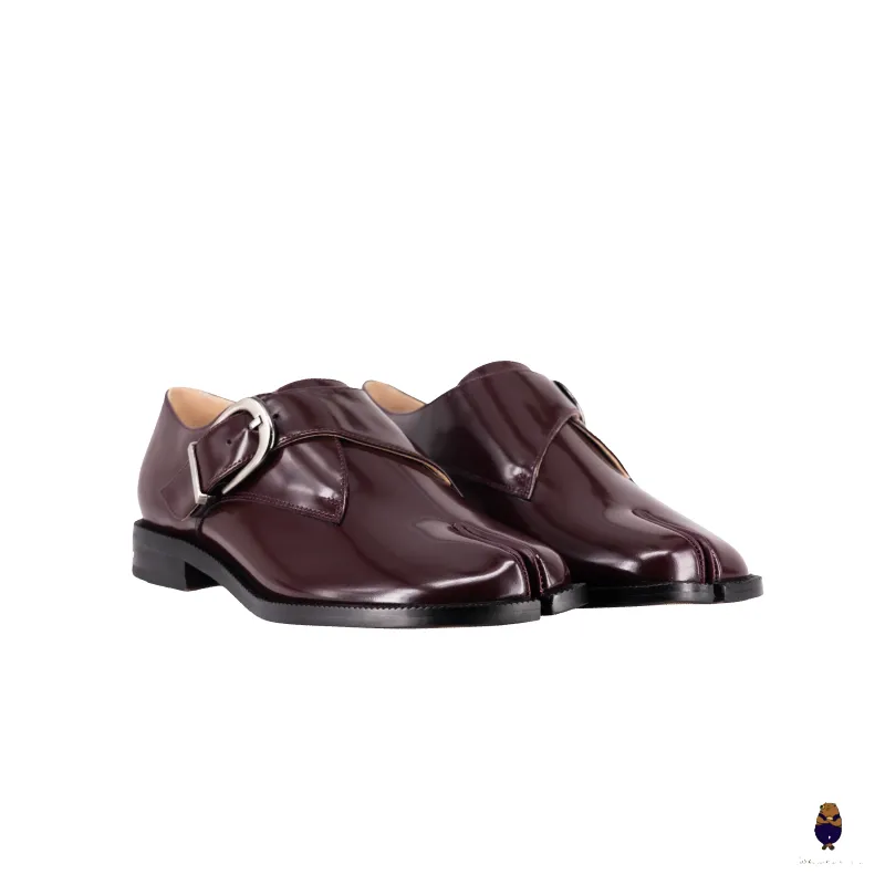 WoodchuckSato Burgundy Edge-Beaded Cowhide Leather Tabi Monk Strap Shoes sold by WoodChuckSato