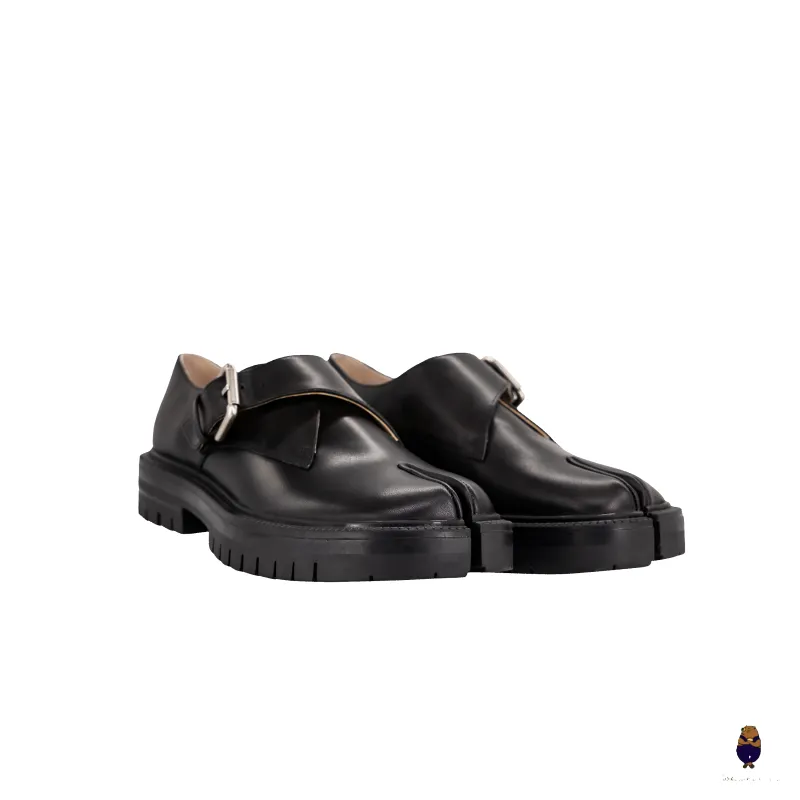 WoodchuckSato Blsck Edge-Beaded Cowhide Leather Tabi Monk Strap Shoes with Chunky Sole made by WoodChuckSato