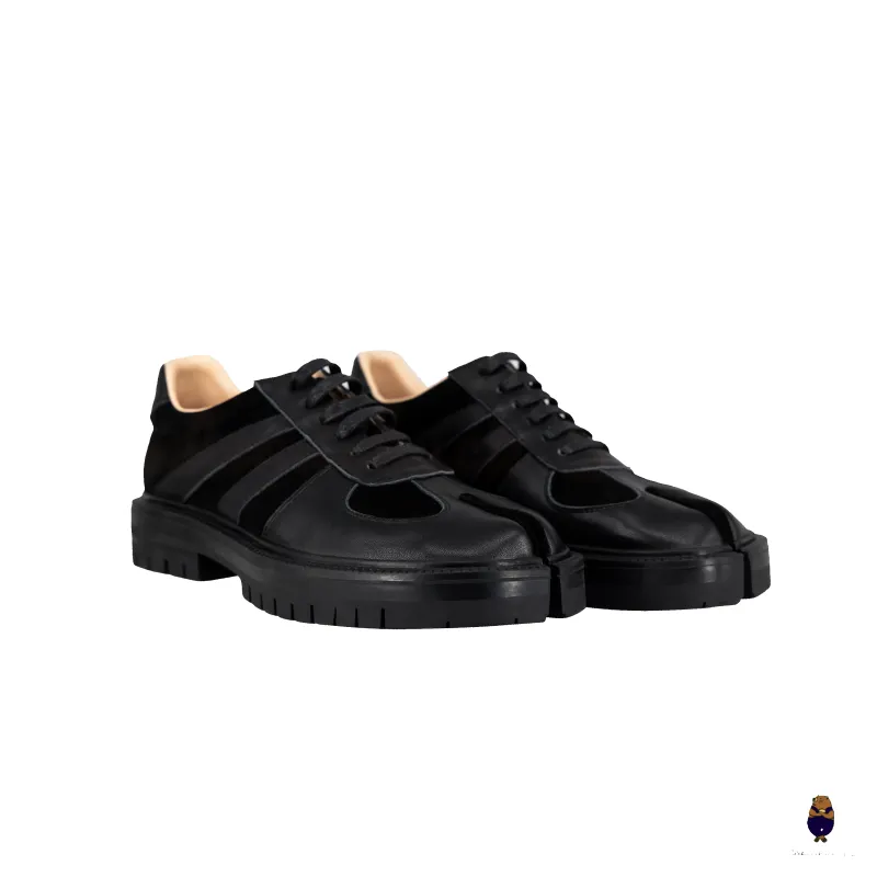 WoodchuckSato Black Leather & Suede Platform Tabi Lace-Up Shoes made by WoodChuckSato