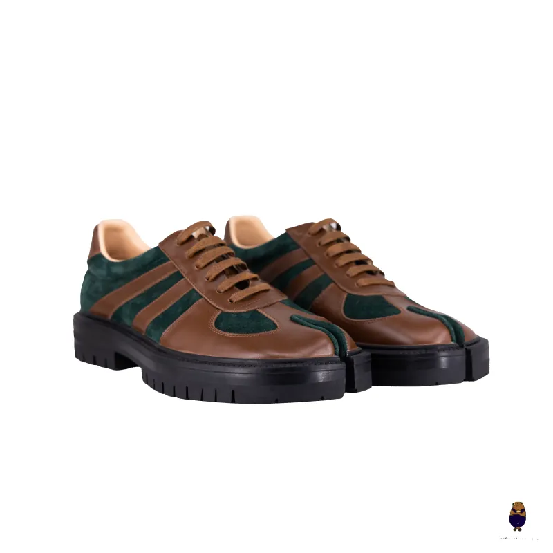 WoodchuckSato Brown Leather & Green Suede Platform Tabi Lace-Up Shoes made by WoodChuckSato