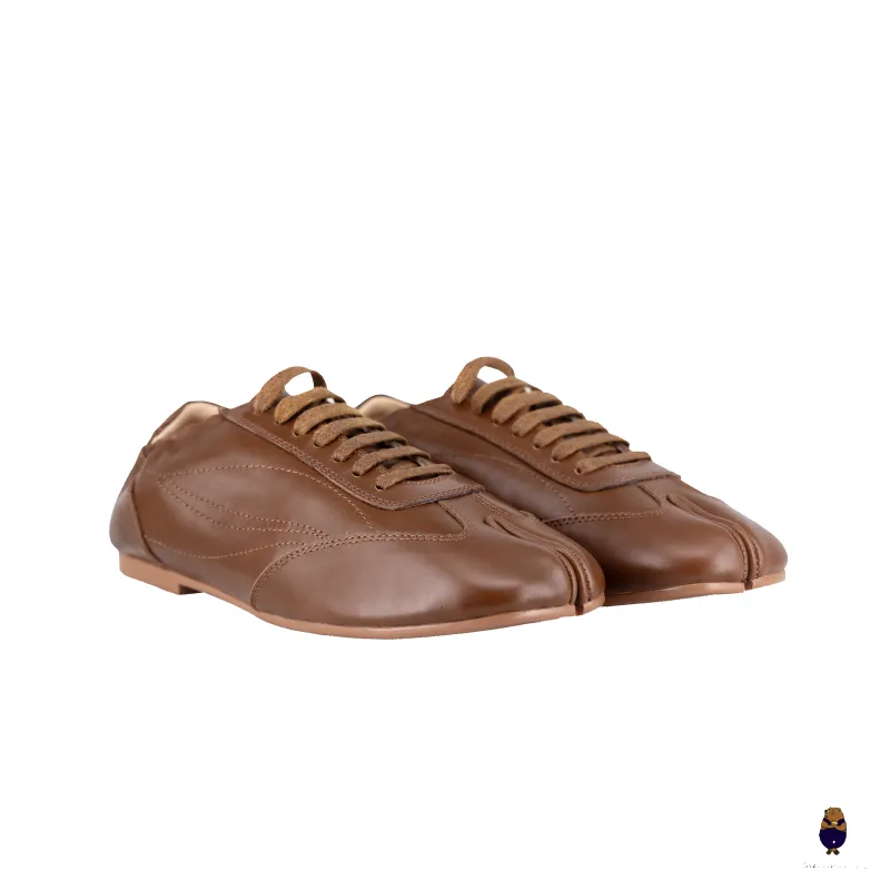 WoodchuckSato Brown Cow Leather German Trainer Tabi Sneakers made by WoodChuckSato