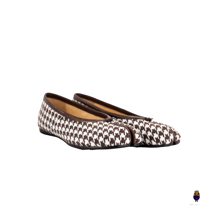 WoodchuckSato Brown Houndstooth Fabric & Sheep Leather Tabi Ballet Flats made by WoodChuckSato