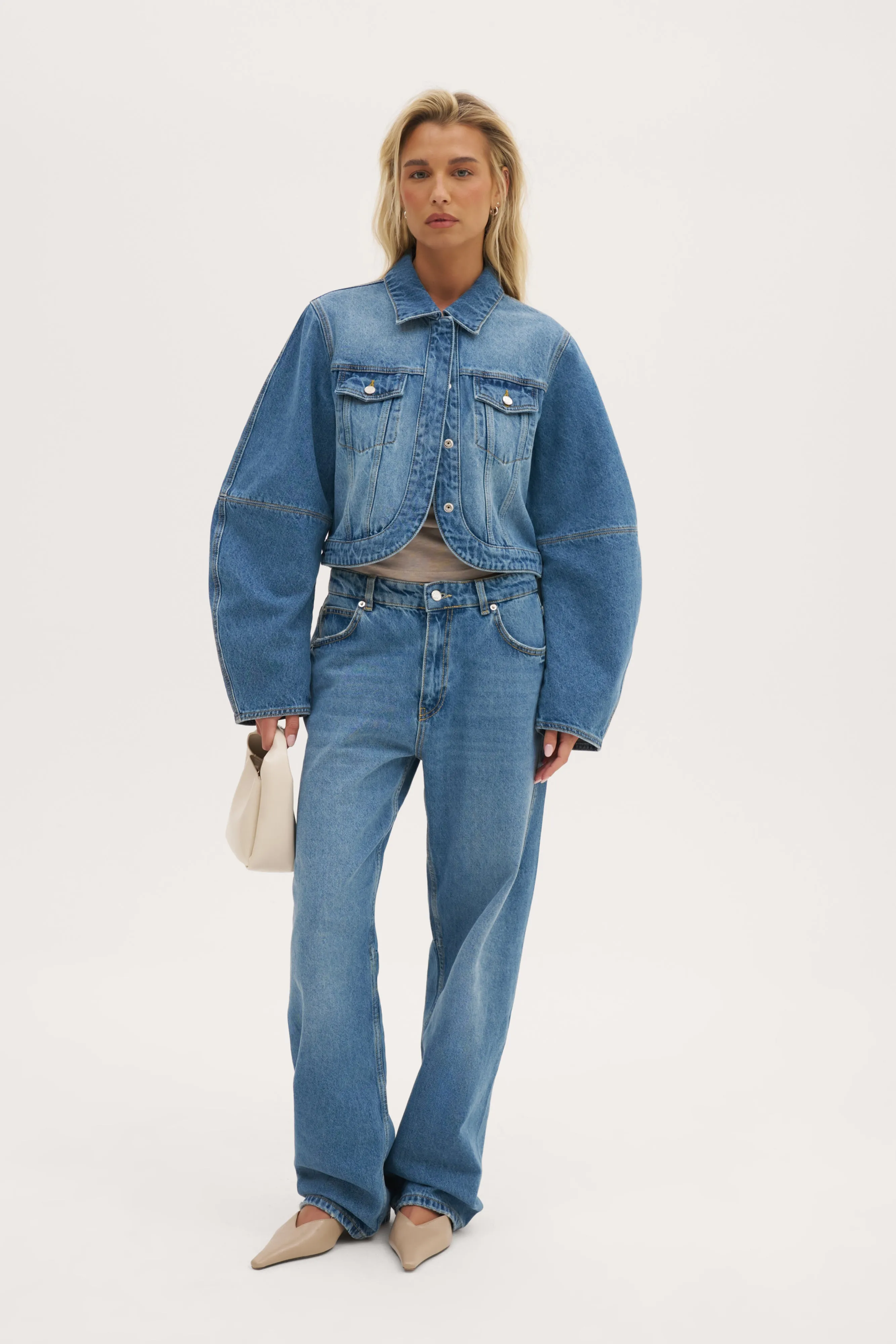 Barrel Sleeve Denim Jacket - Mid Blue sold by Maebe