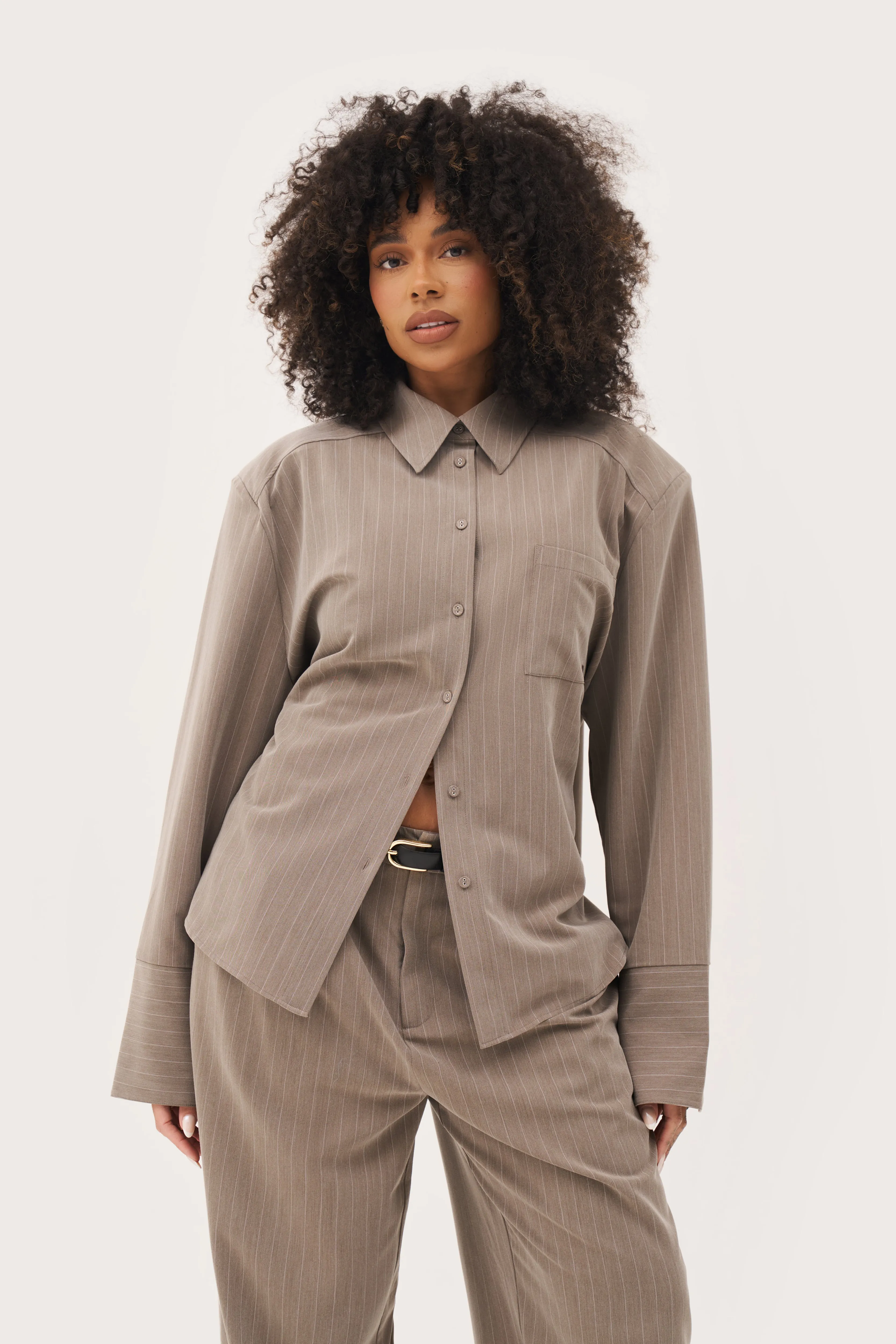 Pinstripe Oversized Shirt - Taupe sold by Maebe product image thumbnail 4