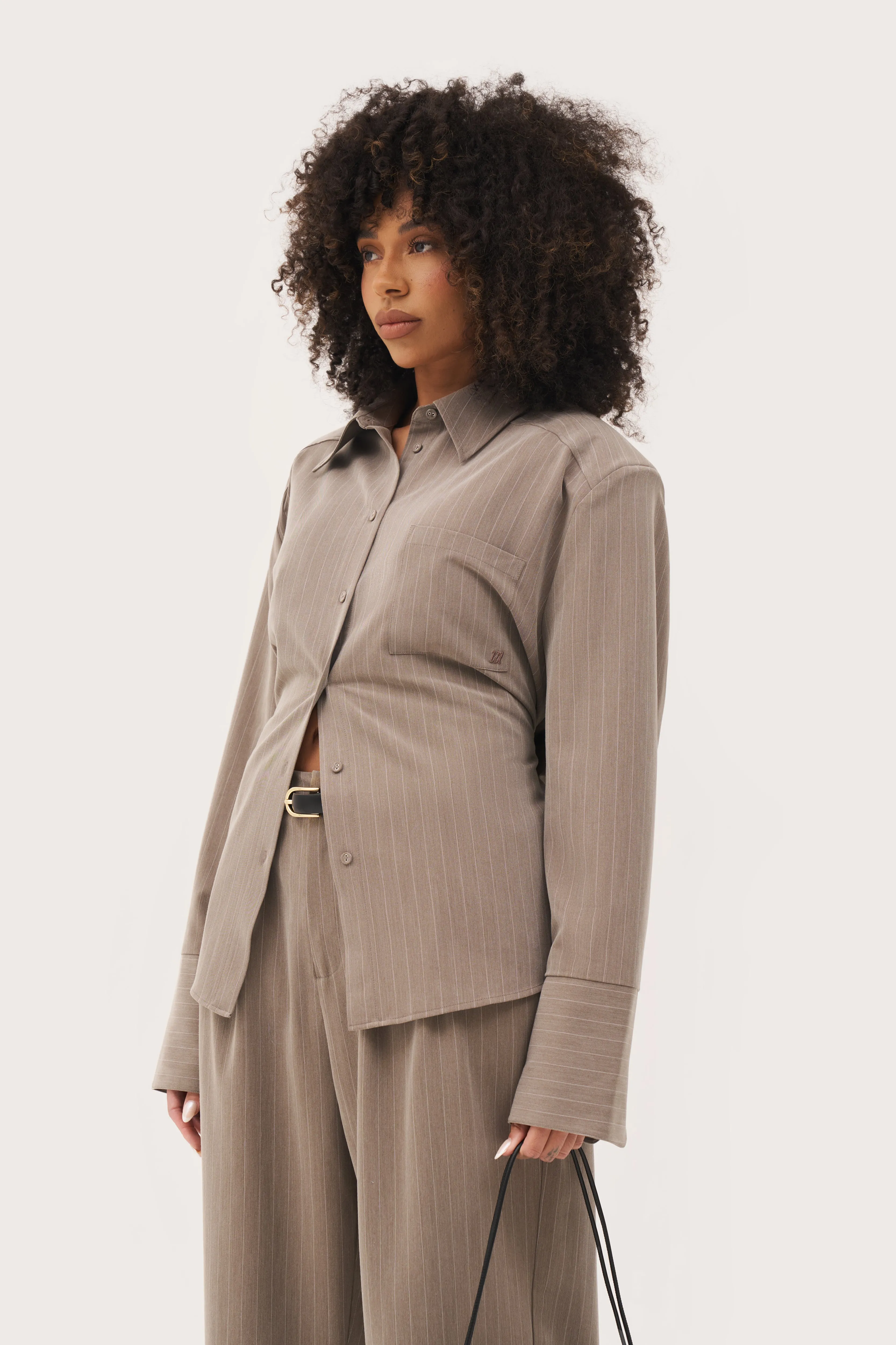 Pinstripe Oversized Shirt - Taupe sold by Maebe product image thumbnail 5