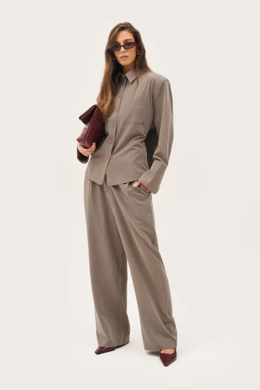 Pinstripe Tailored Trousers - Taupe sold by Maebe