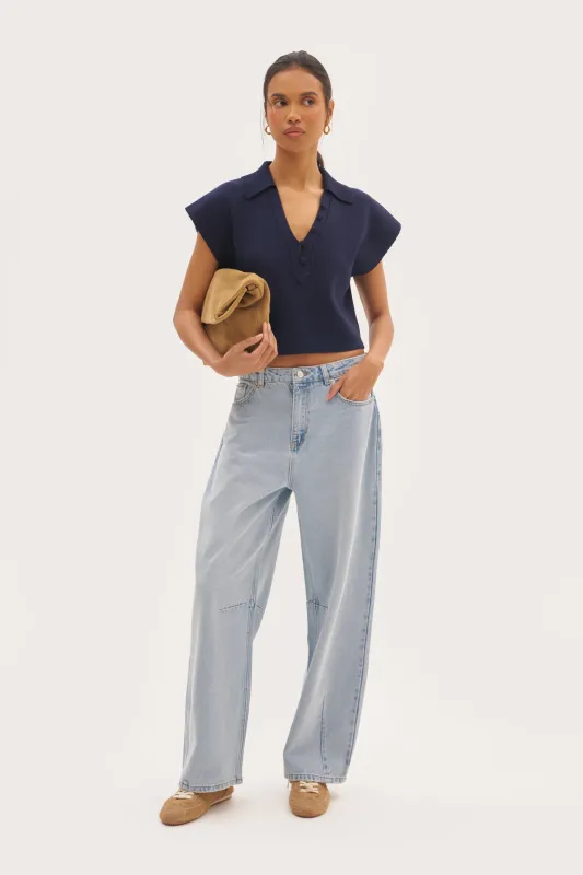 Cropped Knitted Wide Shoulder Top - Navy sold by Maebe