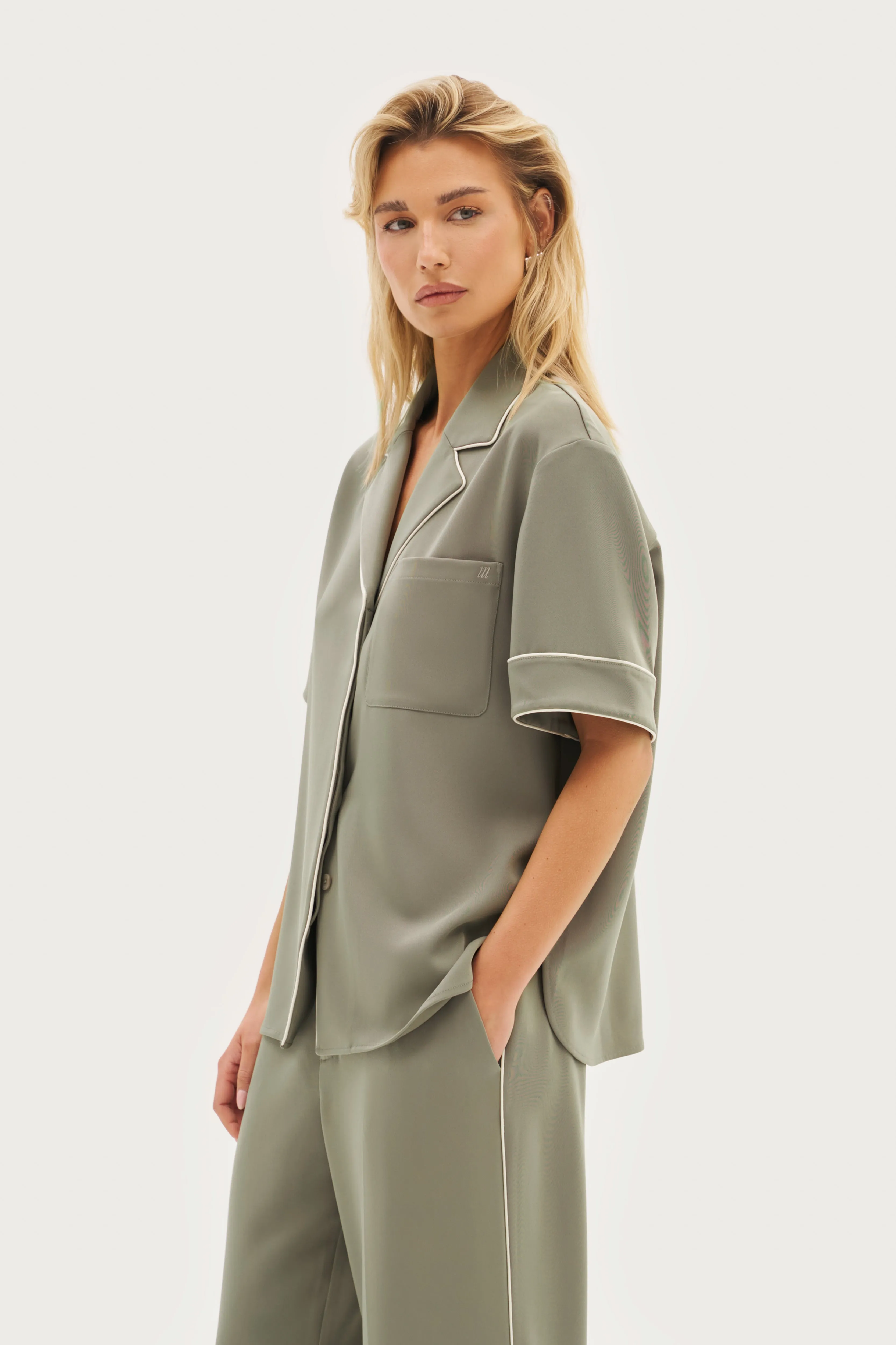 Piped Revere Oversized Shirt - Khaki Moss sold by Maebe product image thumbnail 2