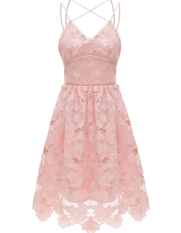 ALLOVIN Women's V Neck Spaghetti Strap Floral Lace Cocktail Dress Sexy Backless Sleeveless A Line Party Dress Pink sold by Allovin