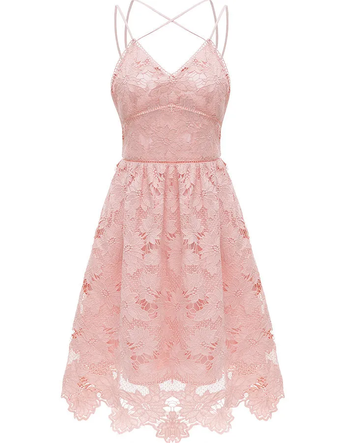 ALLOVIN Women's V Neck Spaghetti Strap Floral Lace Cocktail Dress Sexy Backless Sleeveless A Line Party Dress Pink sold by Allovin