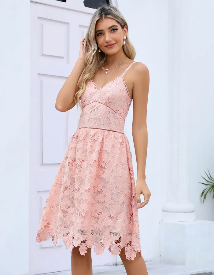 ALLOVIN Women's V Neck Spaghetti Strap Floral Lace Cocktail Dress Sexy Backless Sleeveless A Line Party Dress Pink sold by Allovin product image thumbnail 4