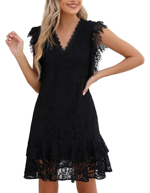 ALLOVIN Women's Elegant V Neck Ruffle Hem Floral Lace Cocktail Dress Sleeveless Wedding Guest Party Dress Black sold by Allovin