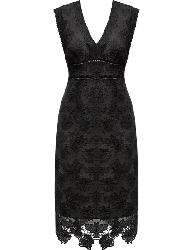 ALLOVIN Women's Sleeveless V Neck Floral Lace Cocktail Dress Knee Length Elegant Formal Party Dress sold by Allovin