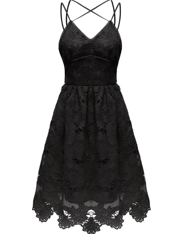 ALLOVIN Women's V Neck Spaghetti Strap Floral Lace Cocktail Dress Sexy Backless Sleeveless A Line Party Dress Black sold by Allovin