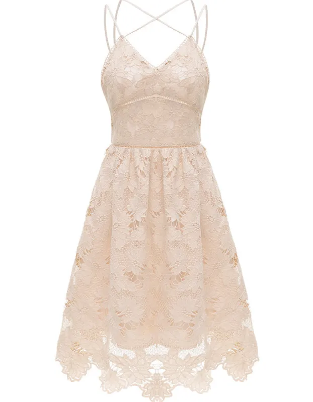 ALLOVIN Women's V Neck Spaghetti Strap Floral Lace Cocktail Dress Sexy Backless Sleeveless A Line Party Dress Champagne sold by Allovin