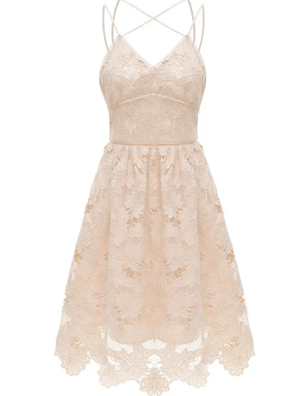 ALLOVIN Women's V Neck Spaghetti Strap Floral Lace Cocktail Dress Sexy Backless Sleeveless A Line Party Dress sold by Allovin