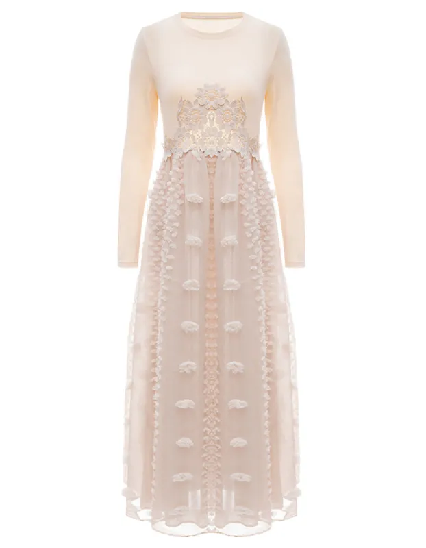 ALLOVIN Women's Long Sleeve Hollow Out Boho Maxi Dress Flowy Casual Long Tulle Dress with Pockets sold by Allovin