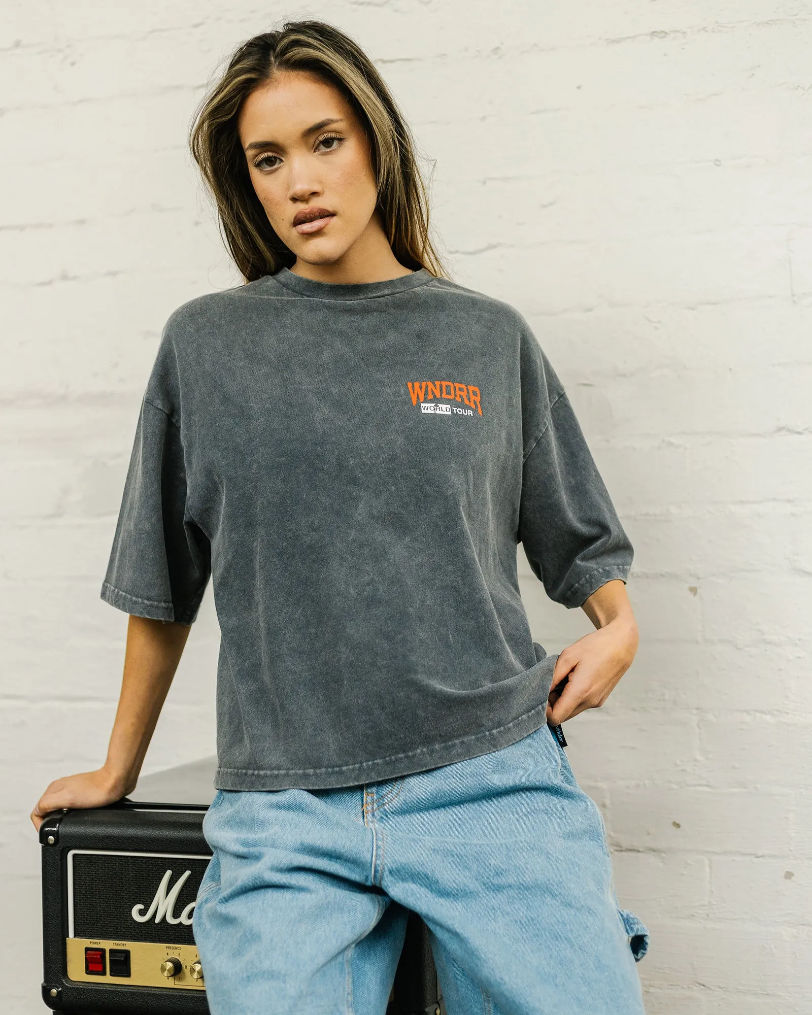 WOMENS WORLD TOUR CROPPED FIT TEE - WASHED GREY sold by WNDRR product image thumbnail 4