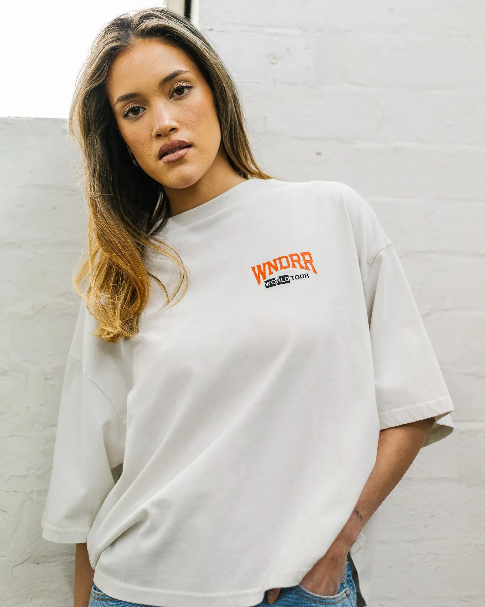 WOMENS WORLD TOUR CROPPED FIT TEE - WASHED WHITE sold by WNDRR product image thumbnail 4