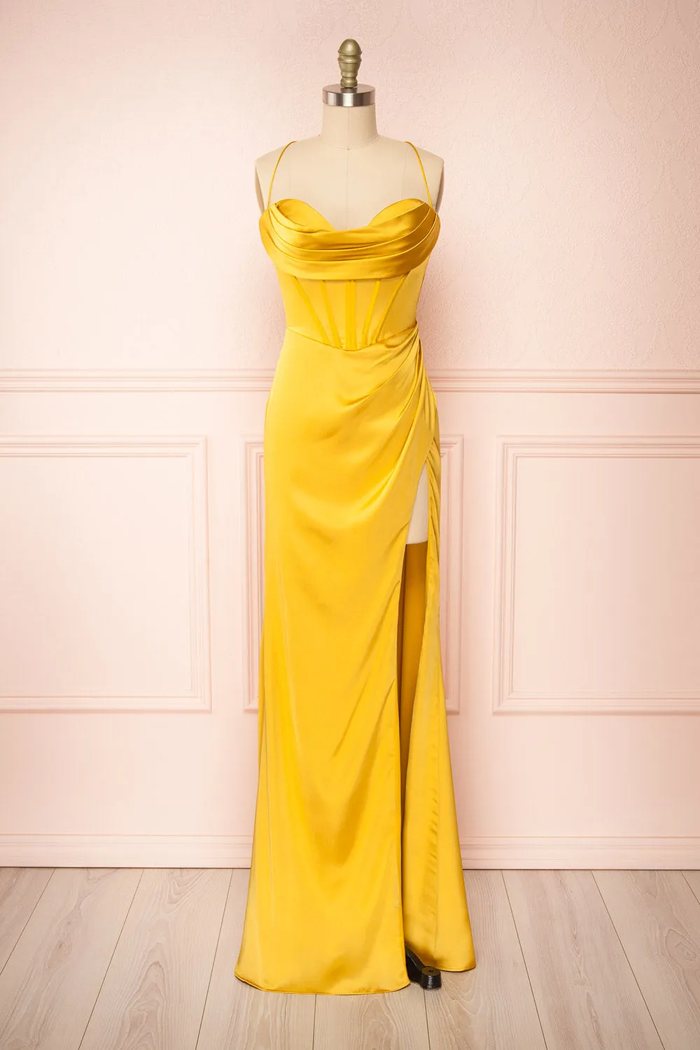 Kesha Yellow | Corset Cowl Neck Maxi Dress sold by Boutique 1861