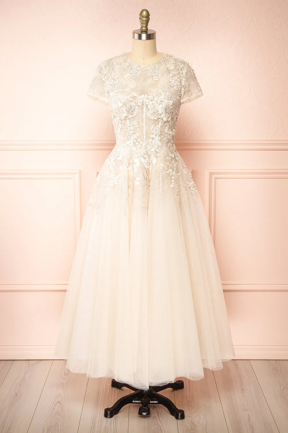 Hagalia | Embroidered Beige Bridal Midi Dress sold by Boutique 1861