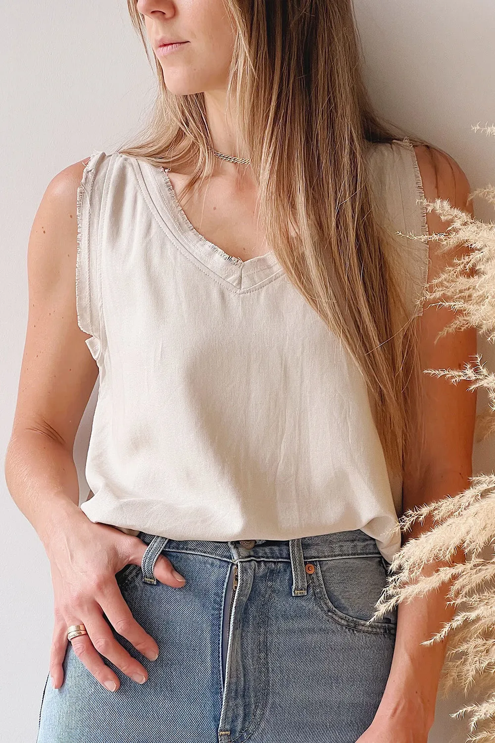 Helsinki Ivory | V-Neck Tank Top w/ Frayed Hem sold by Boutique 1861 product image thumbnail 2
