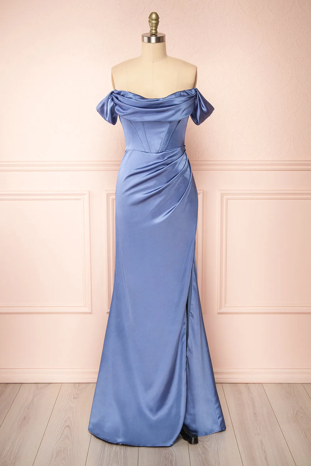 Evolet Blue Grey | Off-Shoulder Corset Maxi Dress sold by Boutique 1861